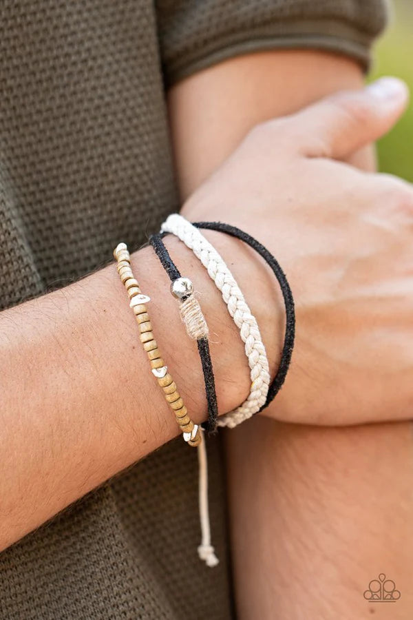 Sahara Pilgrim - Black/Silver Stone/Wood Mismatched Braided Twine/Suede Accent Adjustable Sliding Knot Closure Urban Bracelet B#1988