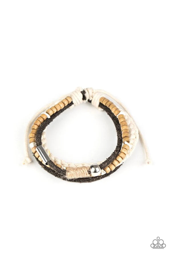 Sahara Pilgrim - Black/Silver Stone/Wood Mismatched Braided Twine/Suede Accent Adjustable Sliding Knot Closure Urban Bracelet B#1988