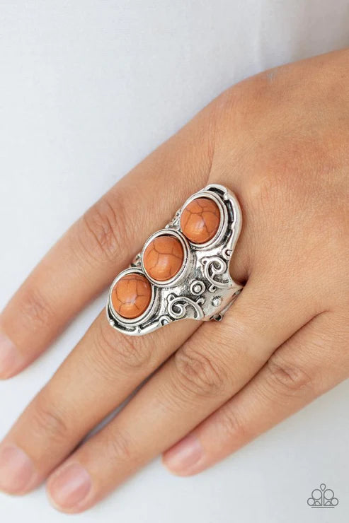 Sahara Soul - Oversized Brown Trio Stone Embossed Swirl Filigree Ring R#1776