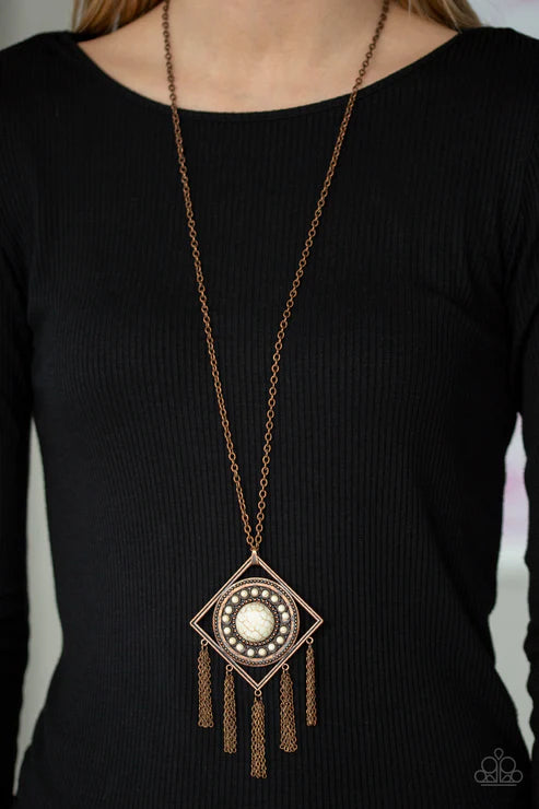Sandstone Solstice - Oversized Copper/White Airy Studded Round/Square Nestled Stone Tribal Chain Fringe Necklace N#2150