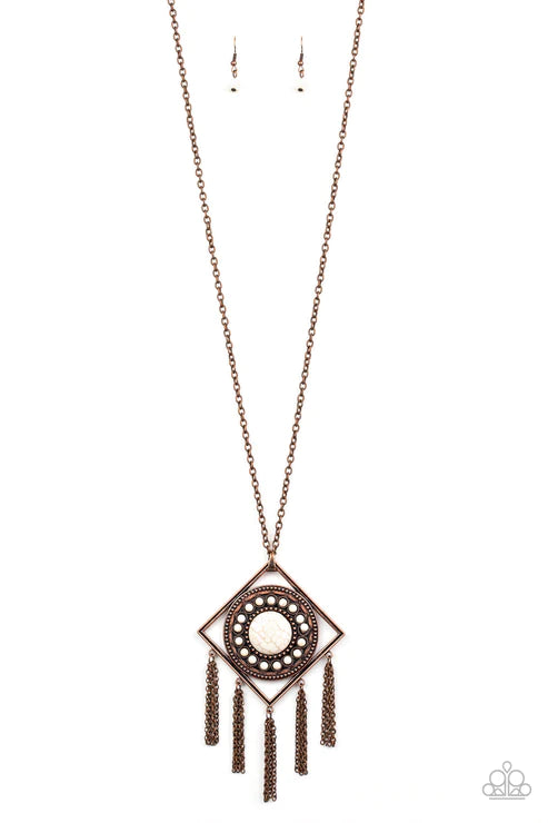 Sandstone Solstice - Oversized Copper/White Airy Studded Round/Square Nestled Stone Tribal Chain Fringe Necklace N#2150