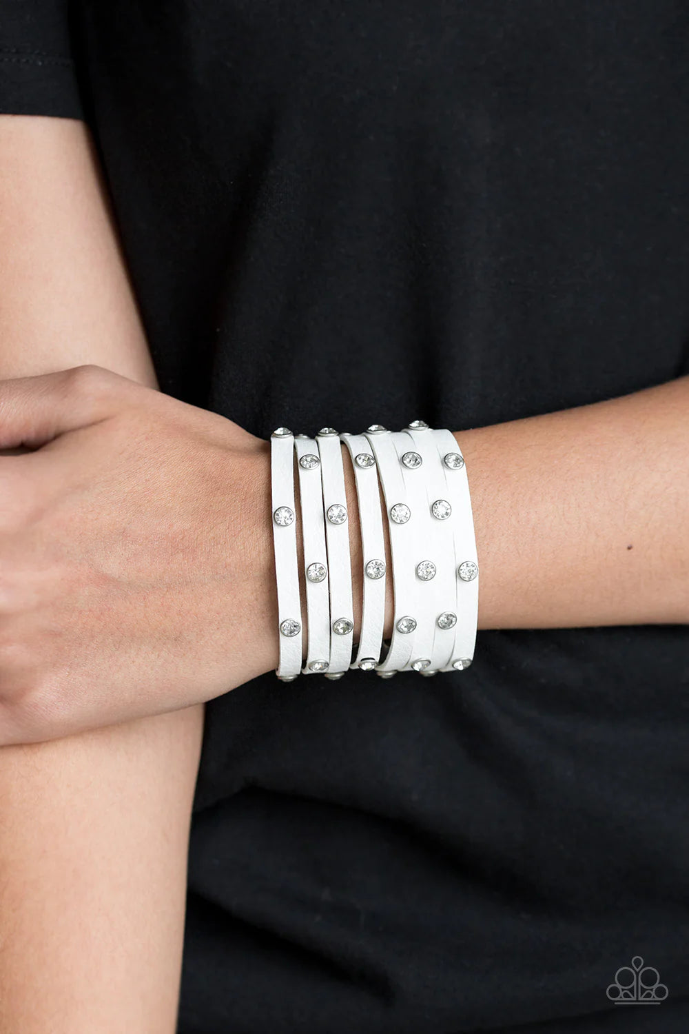 Sass Squad - White Encrusted Spliced Soft Leather Bracelet B#1067