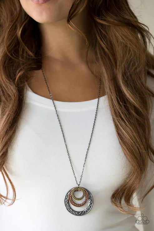 Savagely She-Wolf - Oversized Multi (Brass/Copper/Gunmetal) Airy Embossed Swirl Tribal Stacked Pendant Necklace N#1721