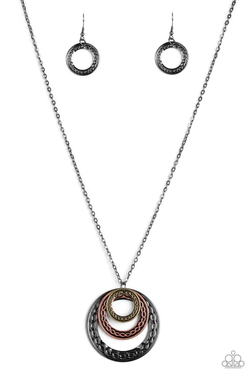 Savagely She-Wolf - Oversized Multi (Brass/Copper/Gunmetal) Airy Embossed Swirl Tribal Stacked Pendant Necklace N#1721