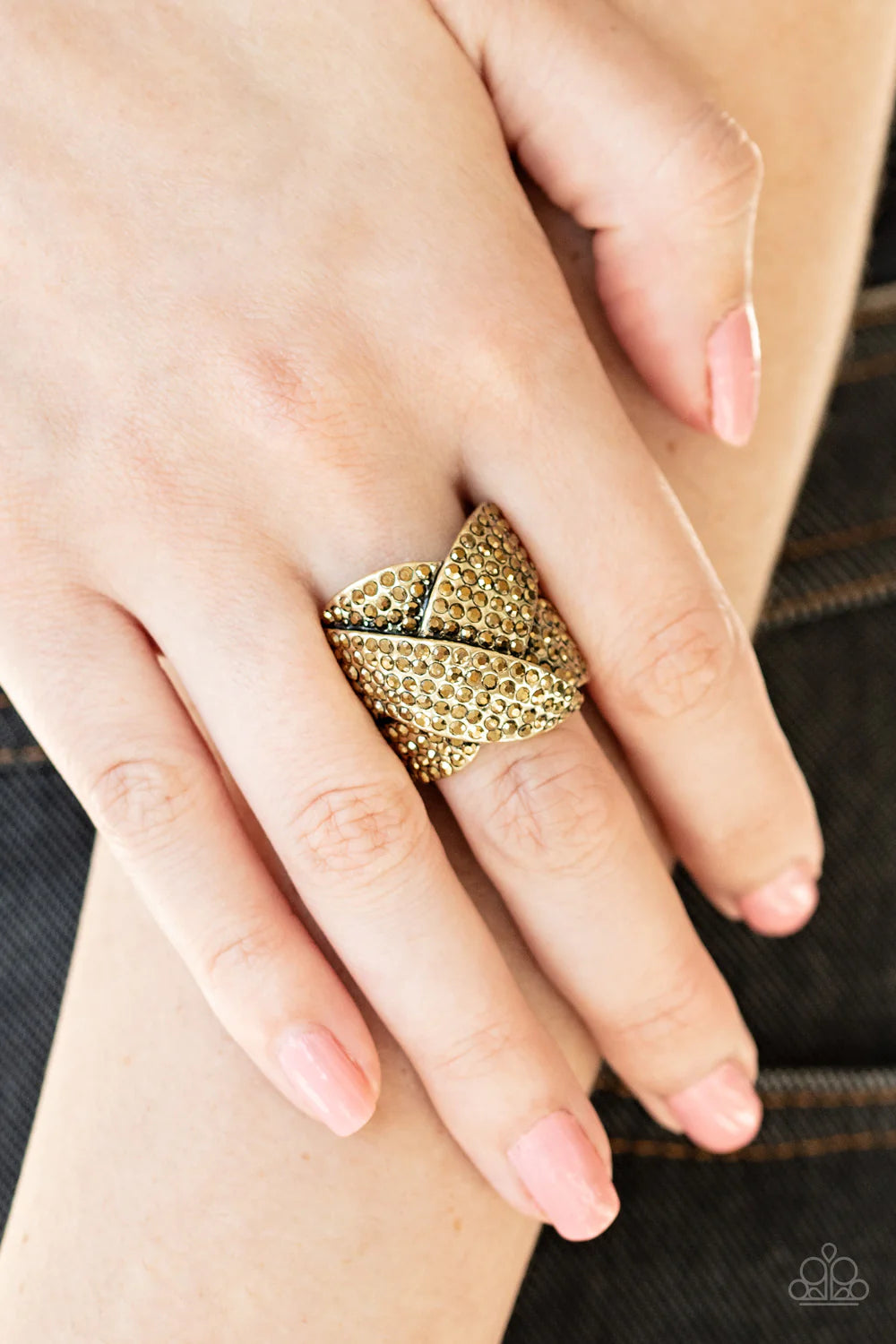 Scandalous Shimmer - Oversized Brass Overlap Aurum Ribbon Encrusted Stacked Ring R#1175