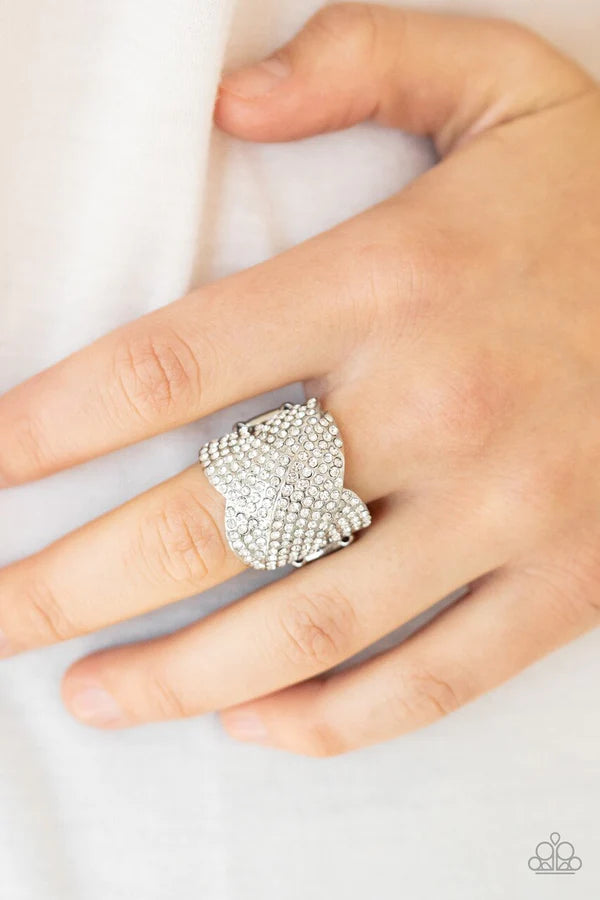 Scandalous Shimmer - Oversized White Overlap Ribbon Encrusted Stacked Ring R#1180