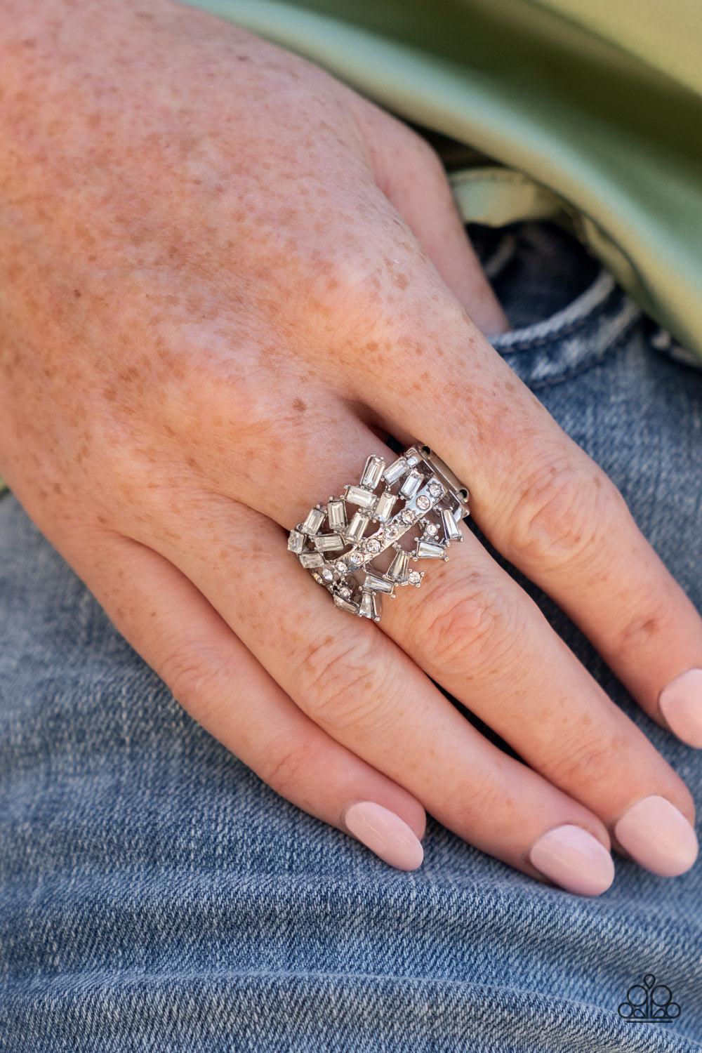 Scattered Sensation - White Dotted/Haphazard Explosion Round/Emerald Cut Encrusted Ring R#436