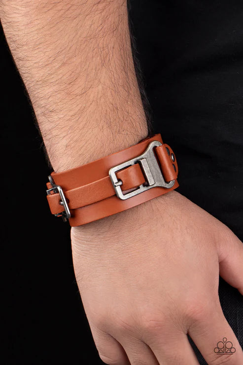 Scout It Out - Oversized Brown/Gunmetal Antiqued Studded Abstract Buckle Leather Urban Bracelet B#1658