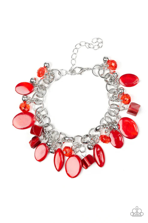 Seashore Sailing - Red Shell-like Crystal-like Whimsical Fringe Bracelet B#2148