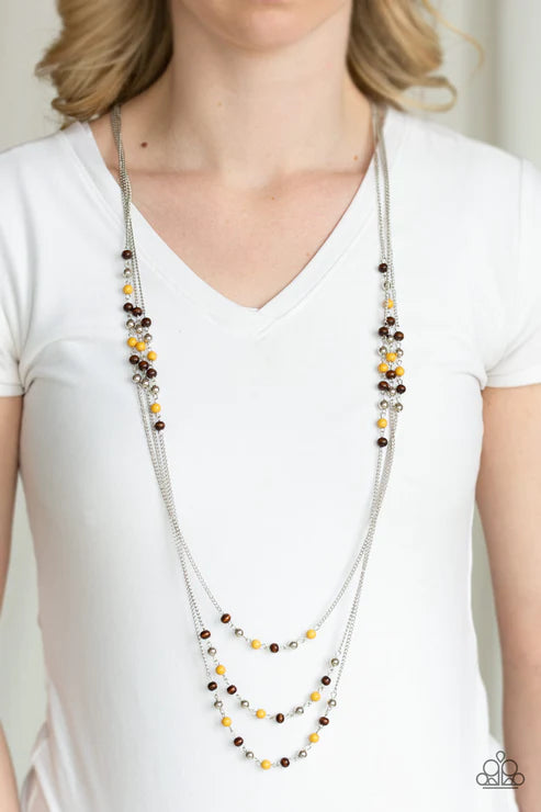 Seasonal Sensation - Yellow/Silver/Brown Trio Chain/Wood Accent Necklace N#2502