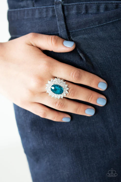 Secret Garden Glow - Blue Dotted White Encrusted Silver Petals Bloom Faceted Gem Refined Centerpiece Ring R#199