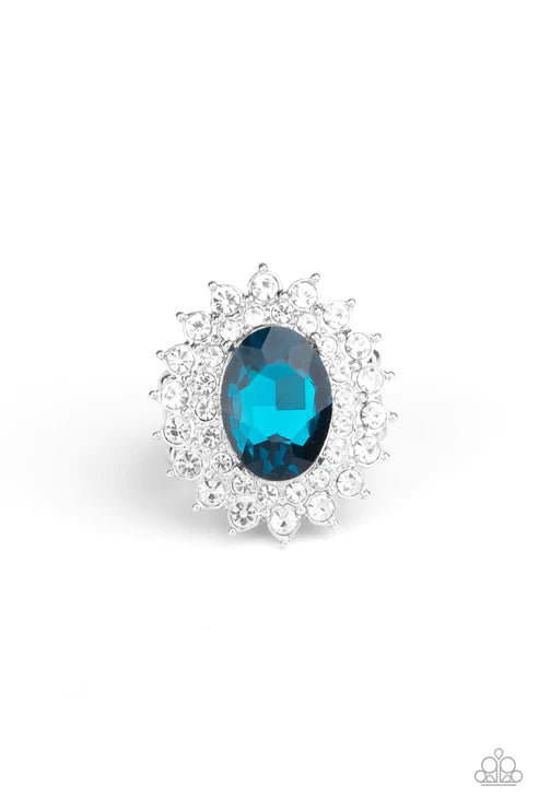 Secret Garden Glow - Blue Dotted White Encrusted Silver Petals Bloom Faceted Gem Refined Centerpiece Ring R#199
