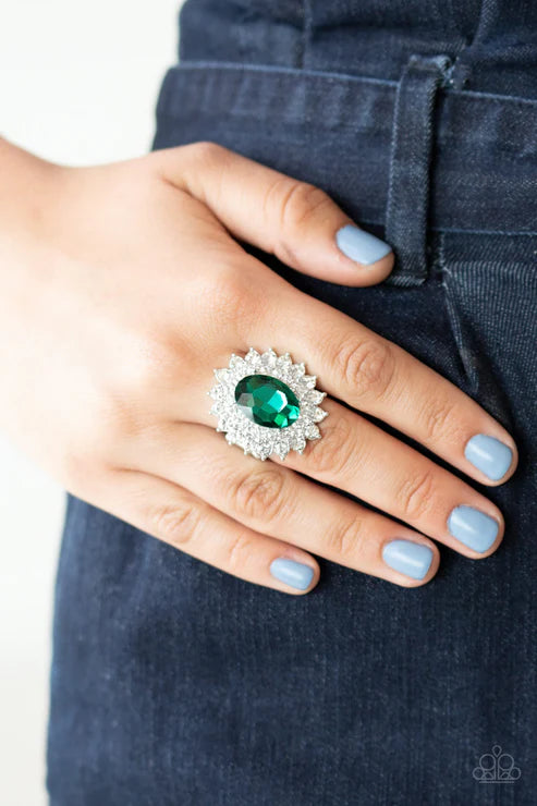 Secret Garden Glow - Green Dotted White Encrusted Silver Petals Bloom Faceted Gem Refined Centerpiece Ring R#2523