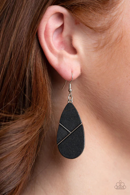 Sequoia Forest - Black Geometric Teardrop Wood Earrings E#2673