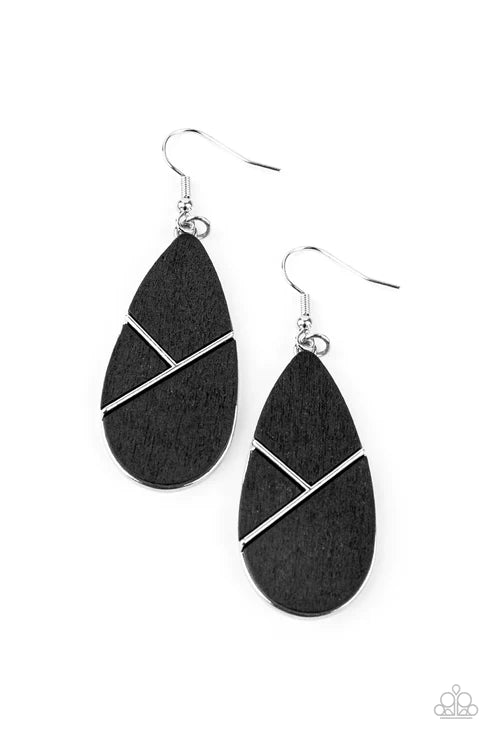 Sequoia Forest - Black Geometric Teardrop Wood Earrings E#2673