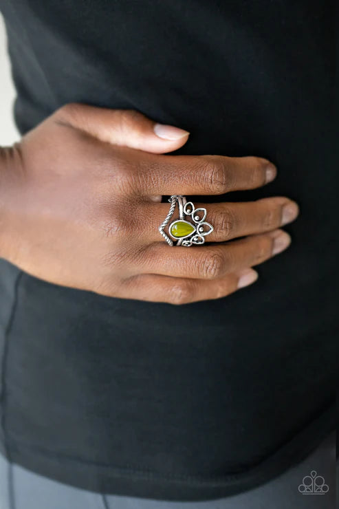 Serene Scene - Olive Green Cat's Eye Moonstone Rope Petals Teardrop Ring R#2530