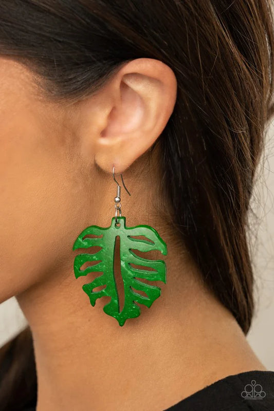 Shake Your PALMS PALMS - Green 3D Leaf Distressed Wood Earrings E#1444