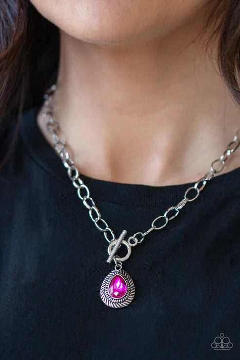 Sheen Queen - Pink Faceted Textured Teardrop Hoop Tiffany Clasp Necklace N#2175