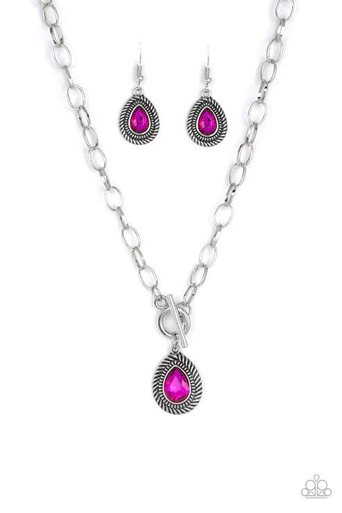 Sheen Queen - Pink Faceted Textured Teardrop Hoop Tiffany Clasp Necklace N#2175