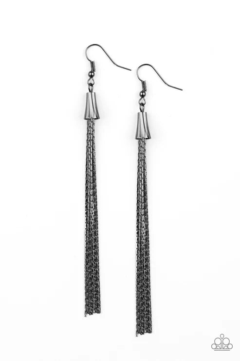Shimmery Streamers - Black Gunmetal Cone Tassel Earrings E#2204