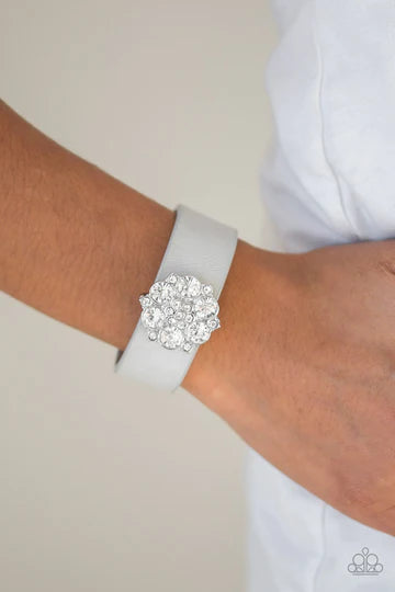 Show-Stopper - Silver/Gray Flower Encrusted Slide Along Leather Bracelet B#1046