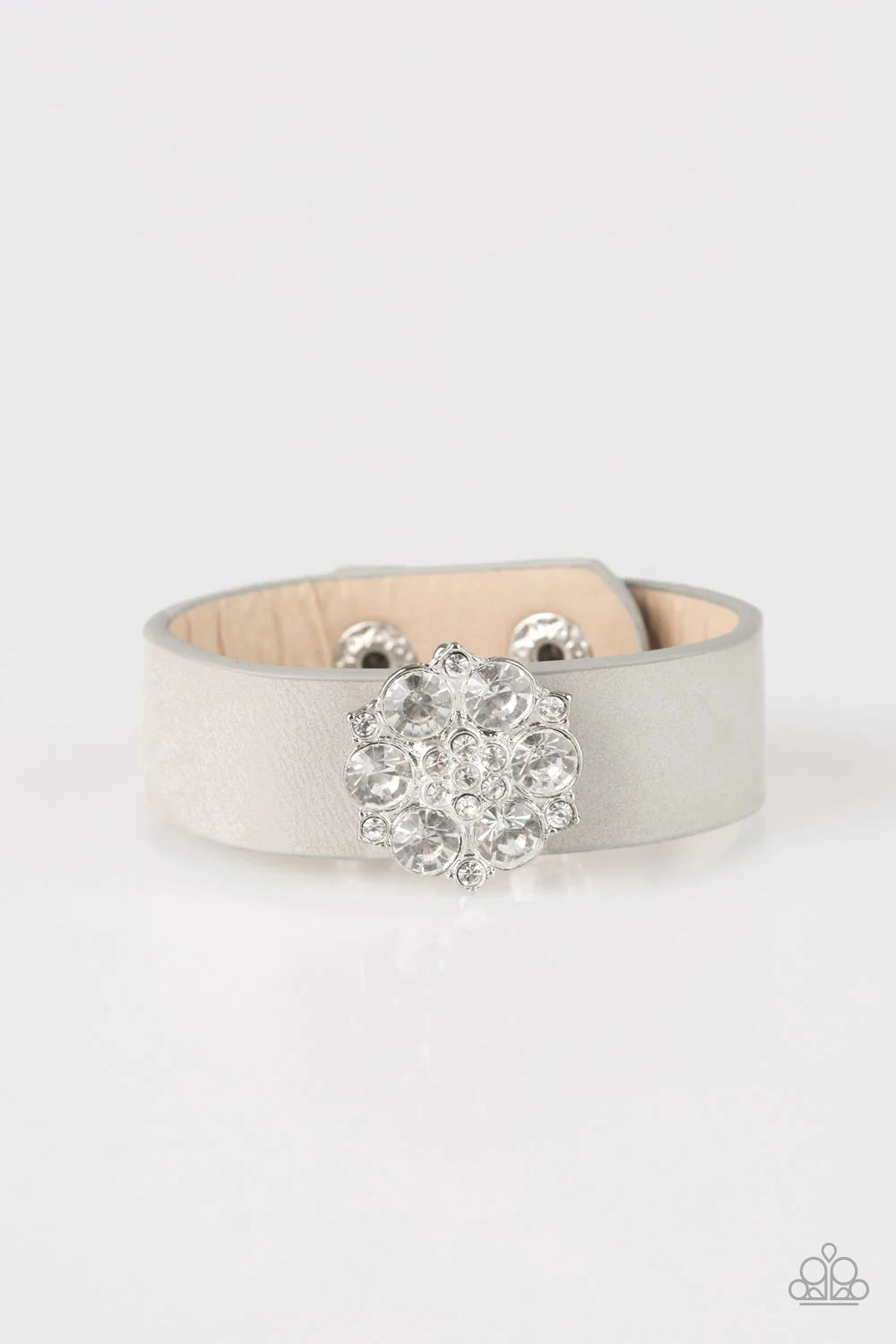 Show-Stopper - Silver/Gray Flower Encrusted Slide Along Leather Bracelet B#1046