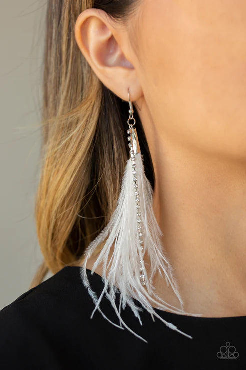 Showstopping Showgirl - White Soft Plume Feathers Dazzling Strand White Encrusted Dramatically Fall Glamorous Lure Earrings E#2134