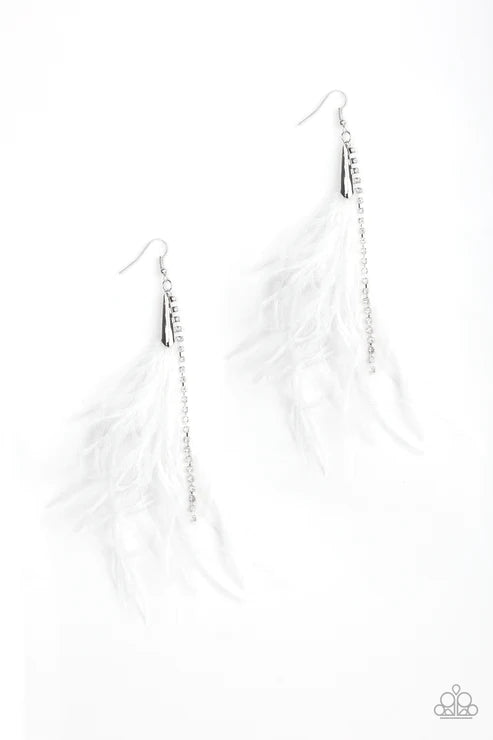 Showstopping Showgirl - White Soft Plume Feathers Dazzling Strand White Encrusted Dramatically Fall Glamorous Lure Earrings E#2134
