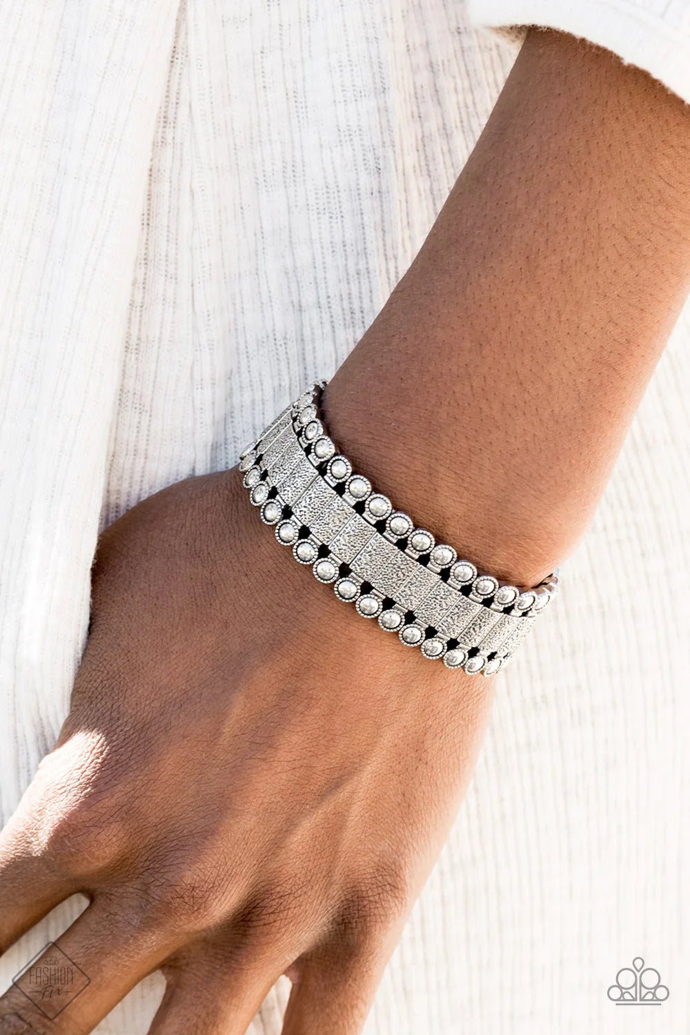 Rustic Rhythm - Silver Rectangular Studded/Hammered Bracelet B#1104