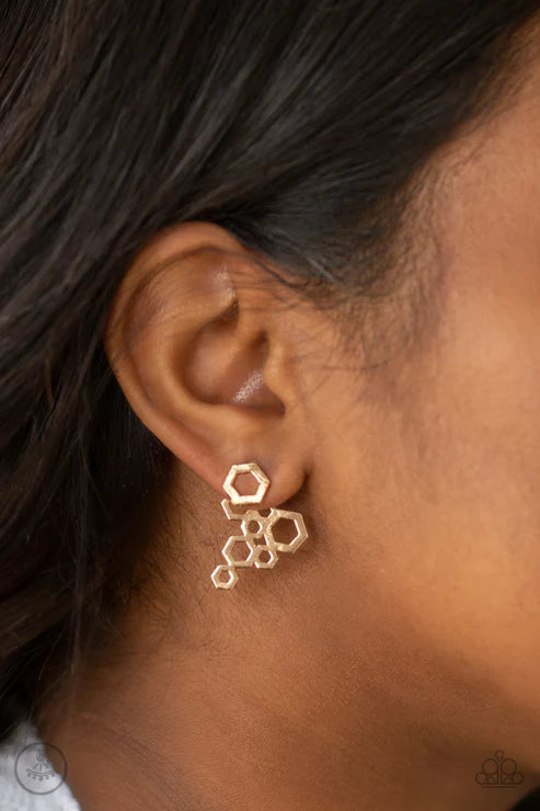 Six-Sided Shimmer - Oversized Gold Geometric Hexagonal Double-sided Earrings E#2644