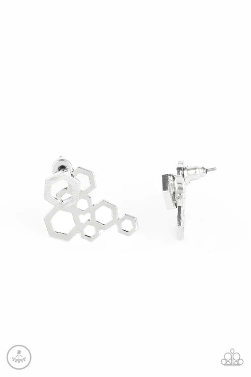 Six-Sided Shimmer - Oversized Silver Geometric Hexagonal Double-sided Earrings E#2271