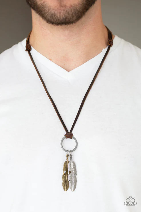 Sky Walker - Oversized Brown/Brass/Silver Antiqued Texture 3D Feather Leather Knotted Sliding Knot Closure Urban Necklace N#1649