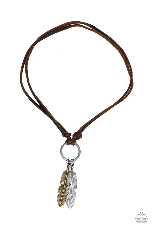 Sky Walker - Oversized Brown/Brass/Silver Antiqued Texture 3D Feather Leather Knotted Sliding Knot Closure Urban Necklace N#1649