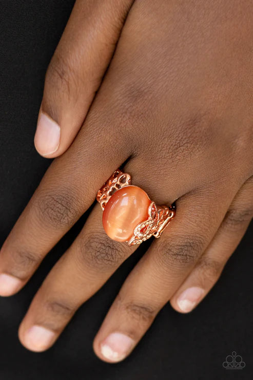 So In Love - Copper/Peach Airy Sporadically 3D Heart Encrusted Cat's Eye Moonstone Ring R#1878