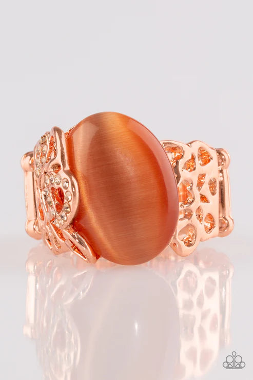 So In Love - Copper/Peach Airy Sporadically 3D Heart Encrusted Cat's Eye Moonstone Ring R#1878