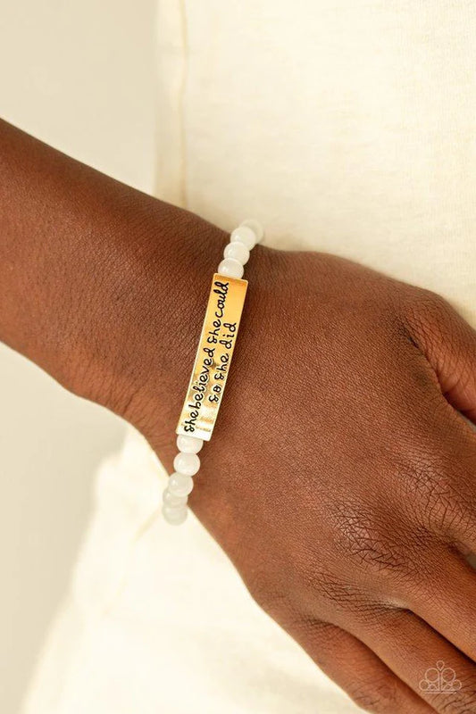 So She Did - Gold/White Inspirational “She believed she could, so she did” Cat's Eye Moonstone Bracelet B#889