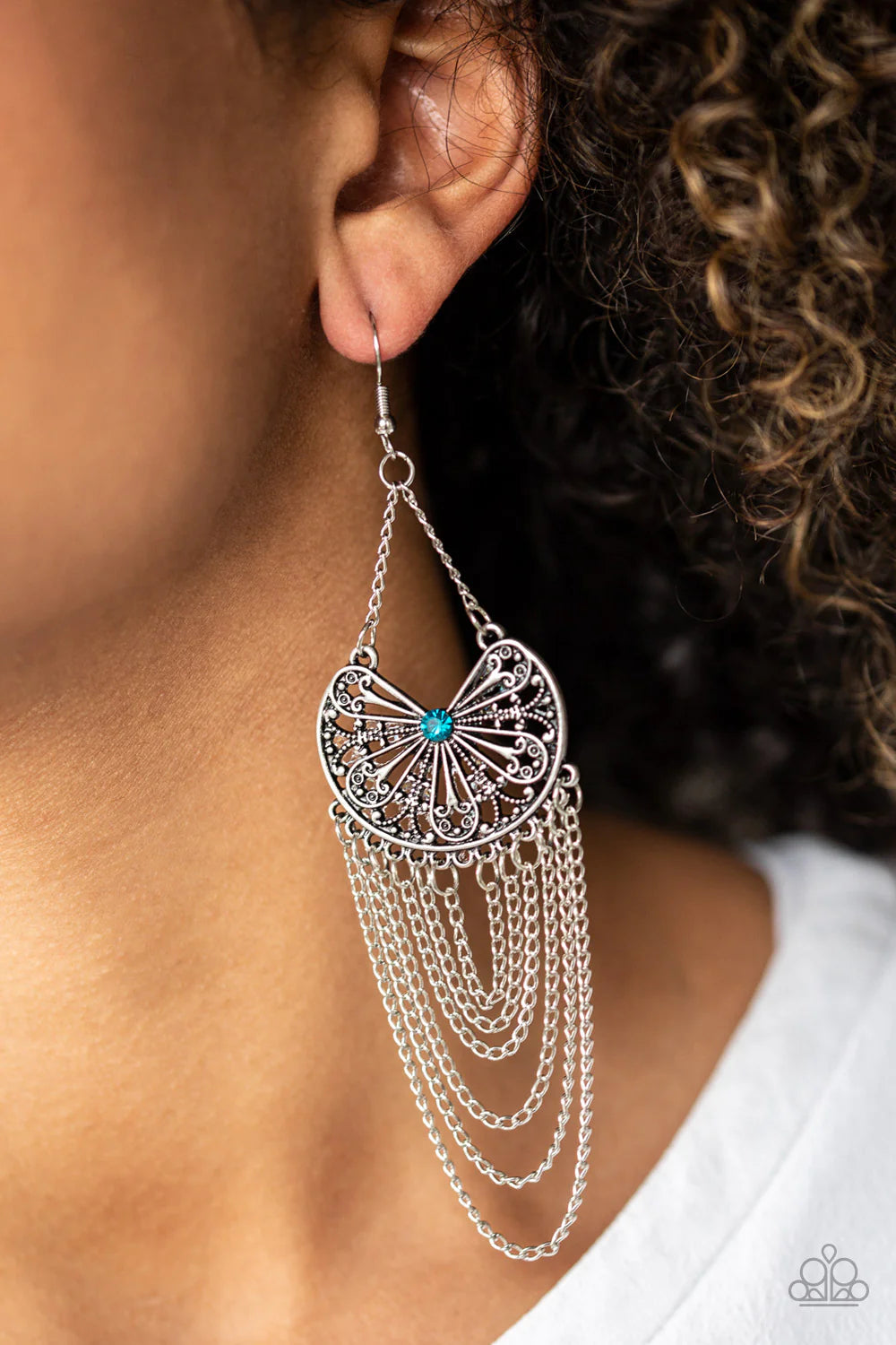 So Social Butterfly - Oversized Blue Airy Swirl Dotted 3D Butterfly Encrusted Fringe Earrings E#353