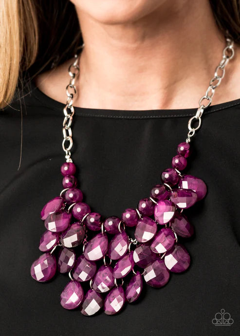 Sorry To Burst Your Bubble - Oversized Plum Purple Opaque Faceted Round/Teardrop Fringe Necklace N#2483