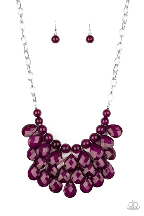 Sorry To Burst Your Bubble - Oversized Plum Purple Opaque Faceted Round/Teardrop Fringe Necklace N#2483