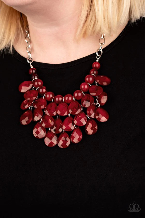 Sorry To Burst Your Bubble - Oversized Red Opaque Faceted Round/Teardrop Fringe Necklace N#096
