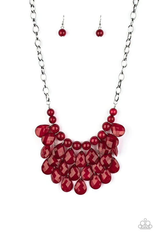Sorry To Burst Your Bubble - Oversized Red Opaque Faceted Round/Teardrop Fringe Necklace N#096