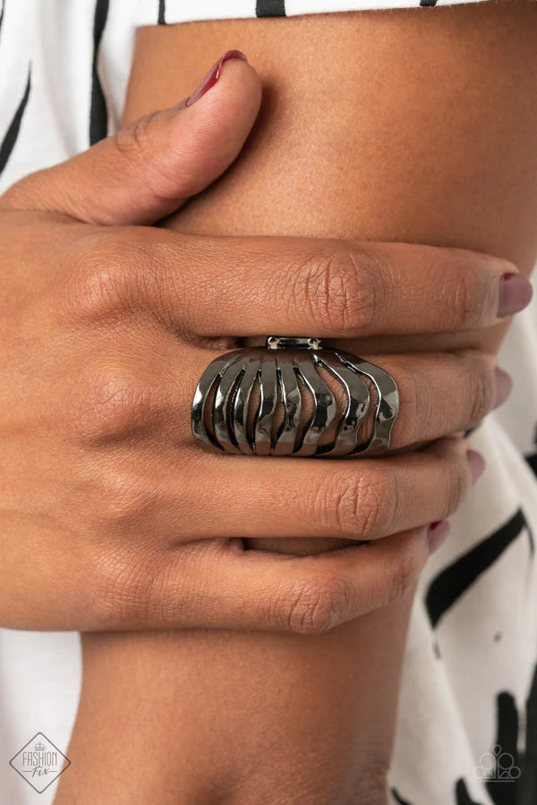 Sound Waves - Oversized Black Hammered Ripple Wave Industrial Ring R#1232