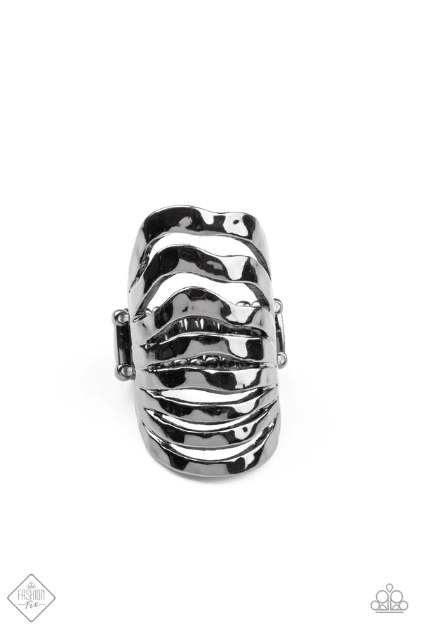 Sound Waves - Oversized Black Hammered Ripple Wave Industrial Ring R#1232