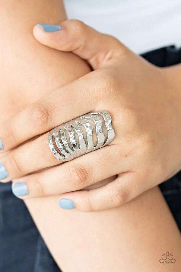 Sound Waves - Oversized Silver Hammered Ripple Wave Industrial Ring R#1502