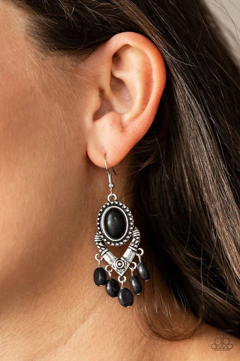 Southern Sandstone - Matte Black Studded Stone Tribal Fringe Earrings E#2169