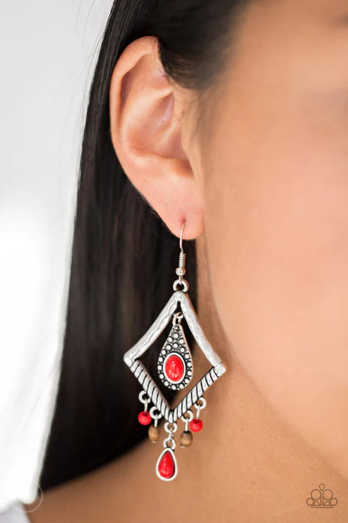 Southern Sunsets - Red Kite Hammered Wood Teardrop Earrings E#2136