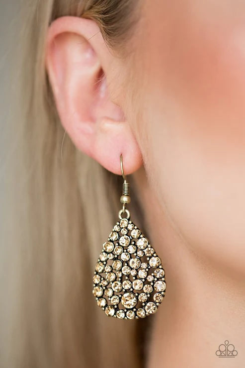 Sparkle Brighter - Bubbly Brass/Topaz Encrusted Teardrop Earrings E#2455