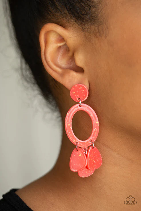 Sparkling Shores - Orange (Coral) Sparkle Flecked Abstract Lure Earrings E#2642