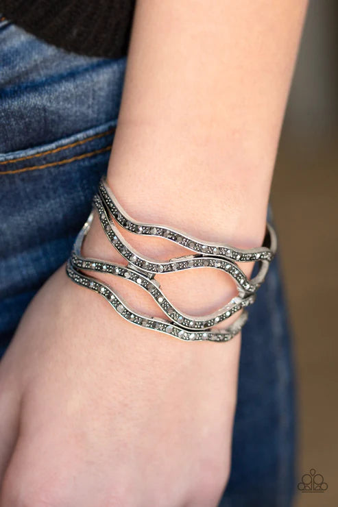 Speaks Volumes - Oversized Silver Dotted Hematite Encrusted Cuff Bracelet B#1600