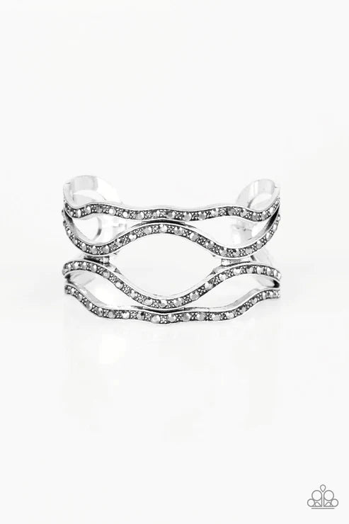 Speaks Volumes - Oversized Silver Dotted Hematite Encrusted Cuff Bracelet B#1600